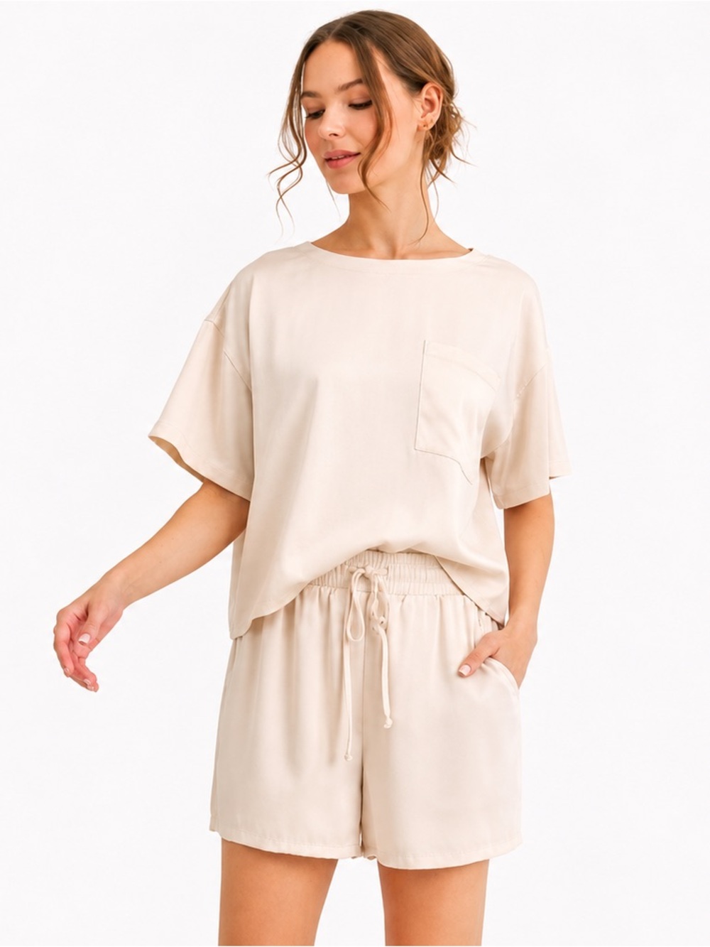 Jodifl Champagne Short Sleeve Pocket Top & Drawstring Shorts Set